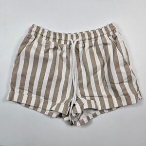 Forever 21 Womens XS Khaki White Striped Drawstring Cotton Shorts vacation y2k
